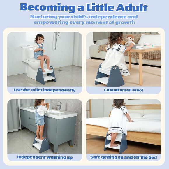 Toddler Step Stool for Kids Safe Wooden Two-Step Stool w/ Handles, Non-Slip,Blue - Picture 3 of 7